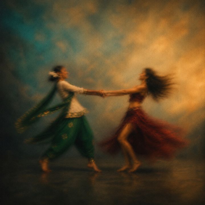 Nach Patlo artwork: two dancers reaching for each other's hands